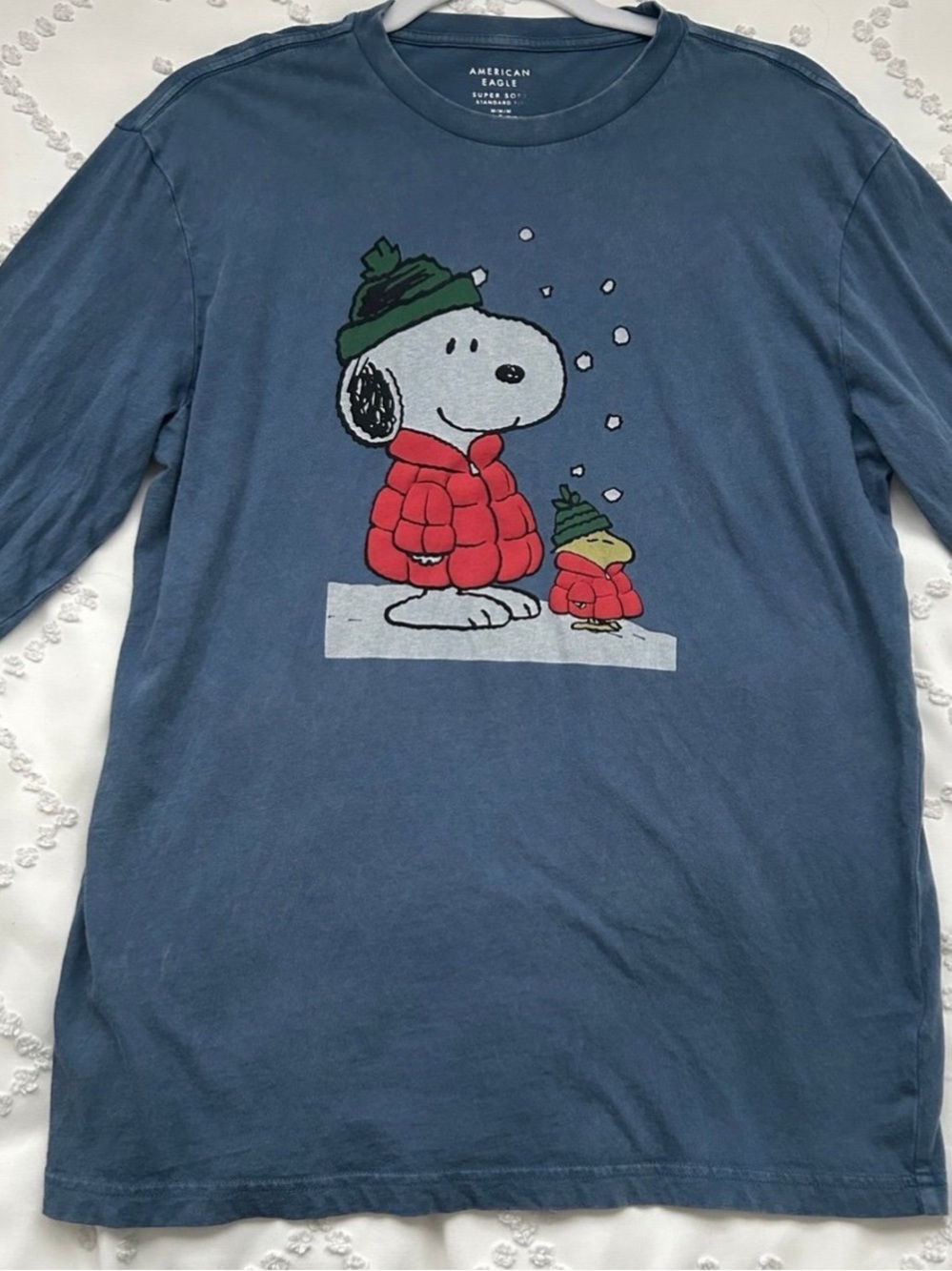 American Eagle Snoopy & Woodstock Winter Graphic Long Sleeve Tee - Blue, Size XL